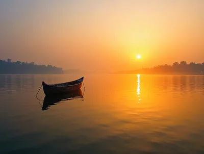 Small Wooden Boat Floating On Calm Lake At Sunrise