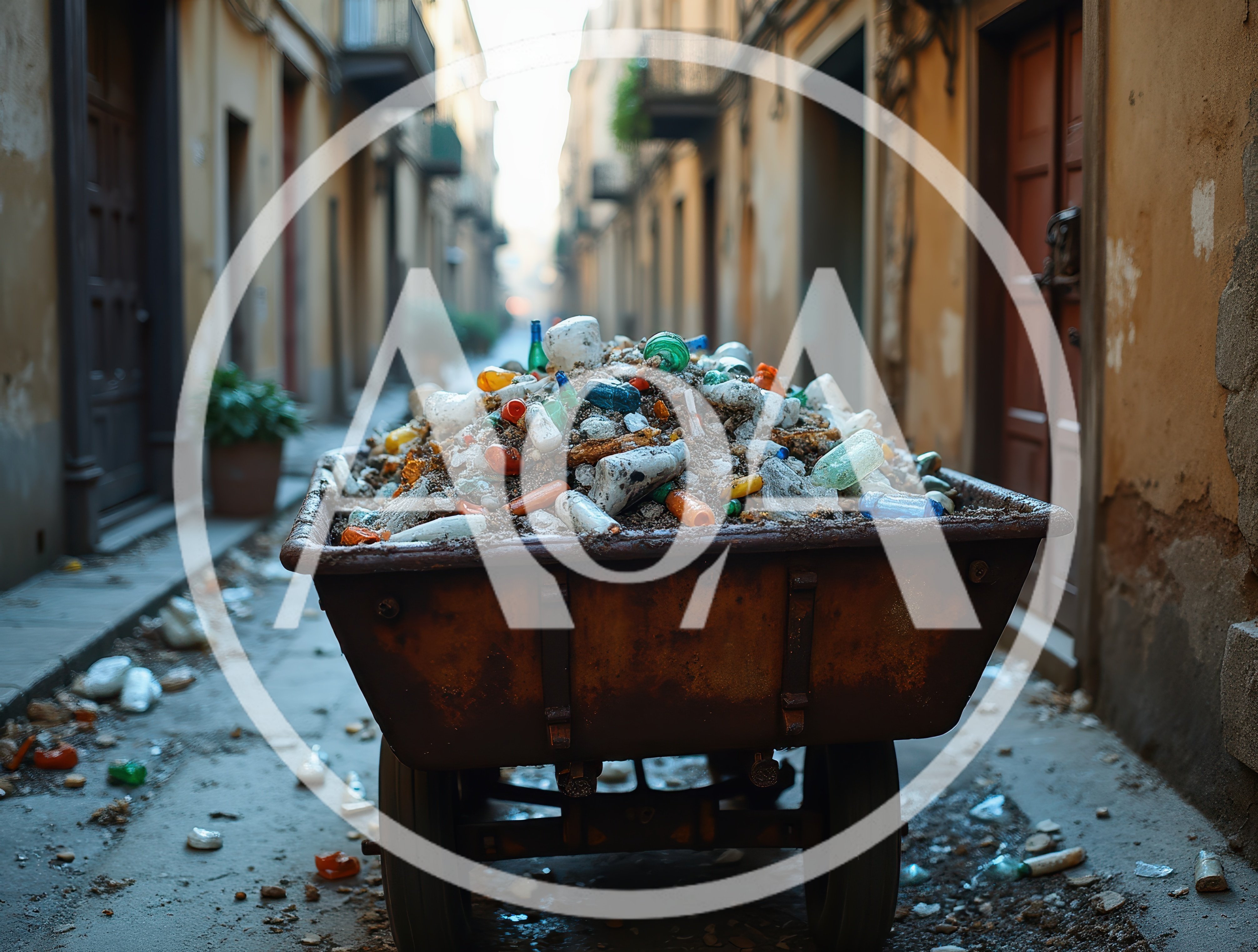 Rusty Wheelbarrow Filled With Trash In Narrow Alleyway