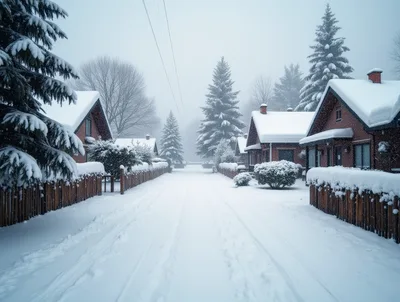 Snow Covered Residential Street In Winter