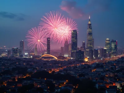 Fireworks Display Over Modern City Skyline At Night