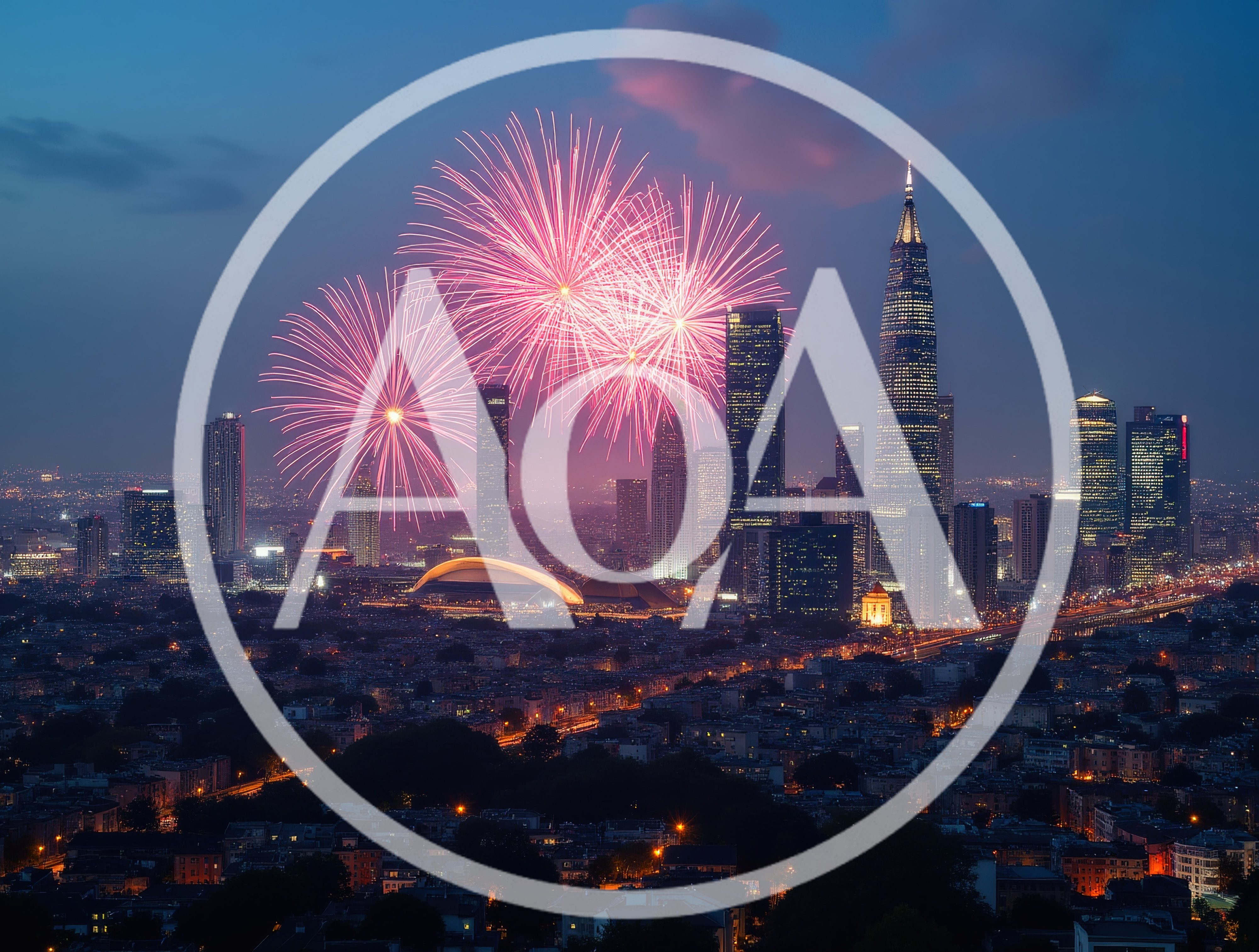 Fireworks Display Over Modern City Skyline At Night