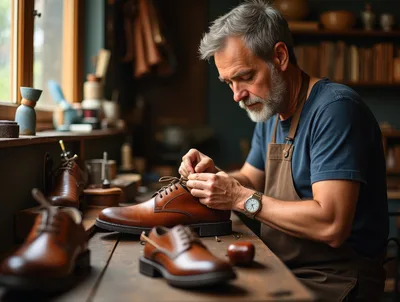 Professional Shoemaker Crafting Leather Shoes In Workshop