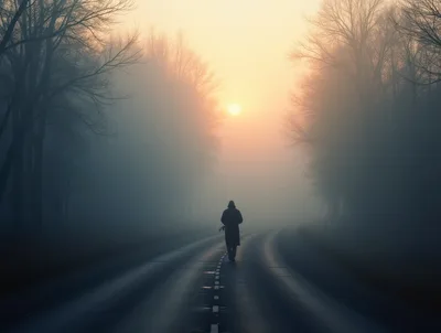 Lone Person Walking Down A Foggy Country Road