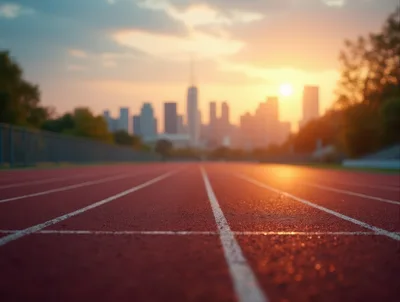 Running Track Lanes at Sunset with City Skyline