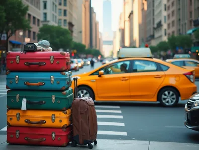 Stack Of Colorful Vintage Suitcases On City Sidewalk