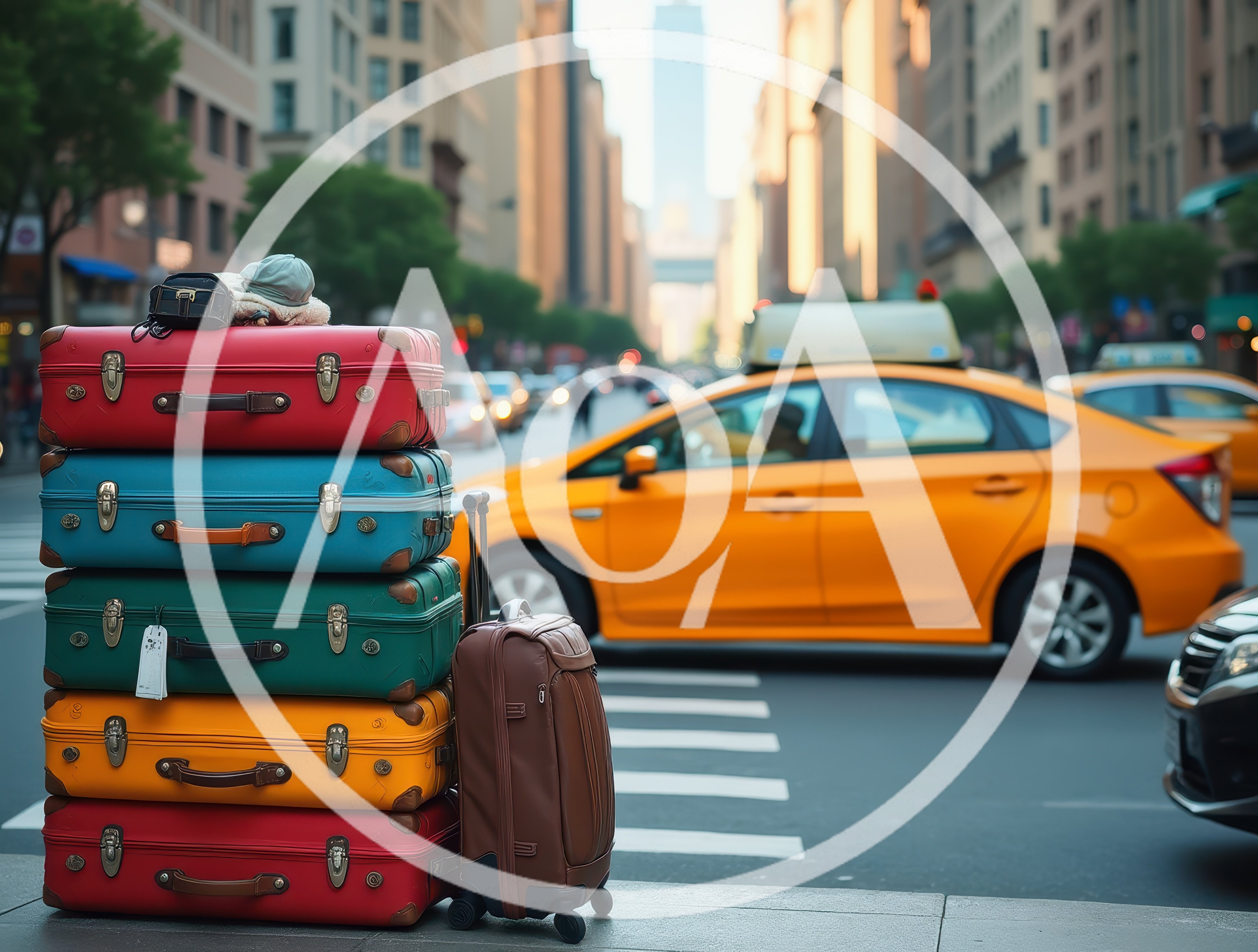 Stack Of Colorful Vintage Suitcases On City Sidewalk