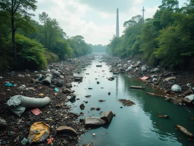 Polluted Riverbed With Industrial Chimney In Background
