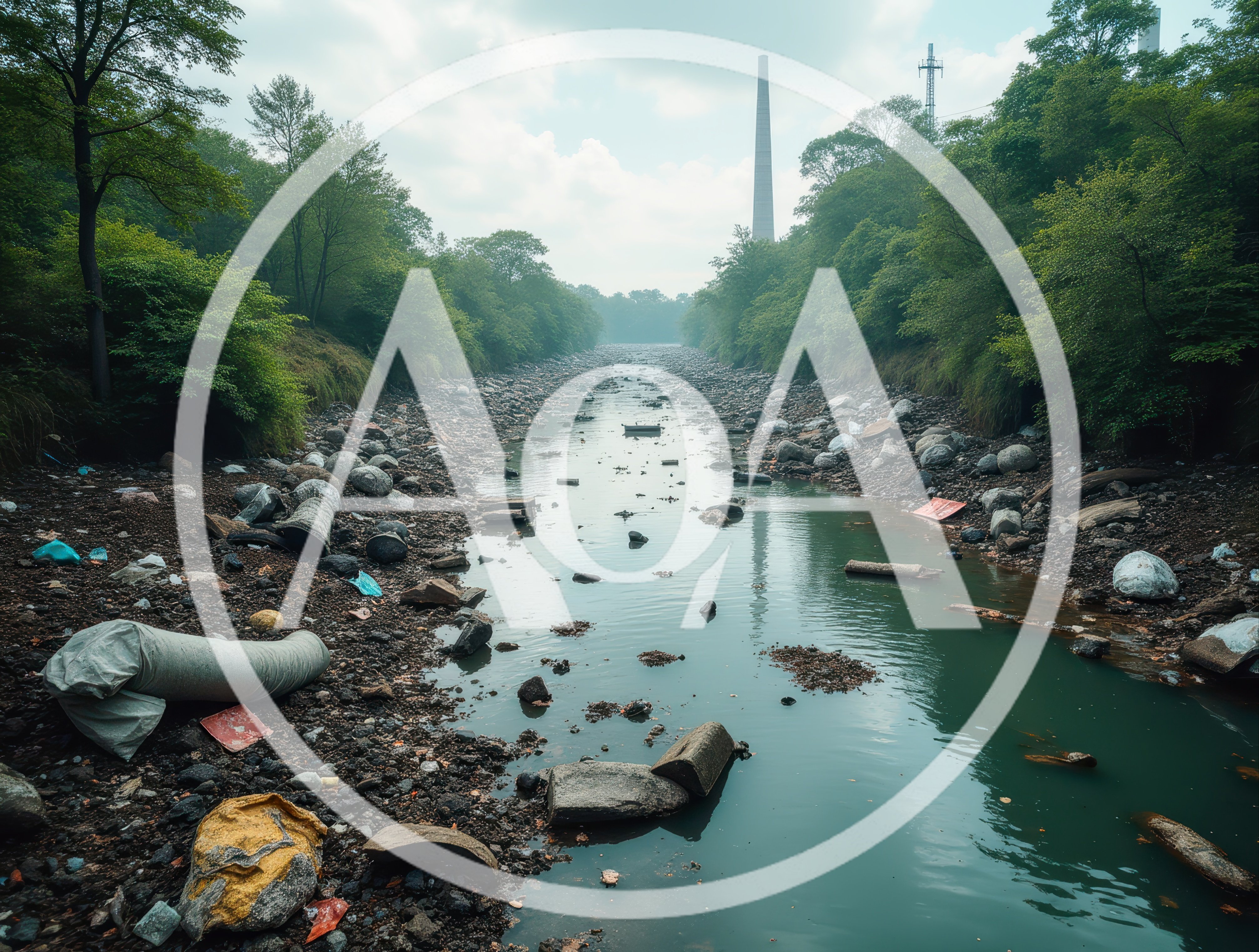 Polluted Riverbed With Industrial Chimney In Background