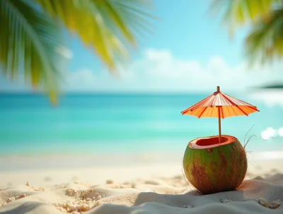 Fresh Coconut Drink With Umbrella On Tropical Beach