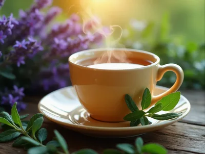Steaming Cup Of Herbal Tea With Fresh Sage Leaves