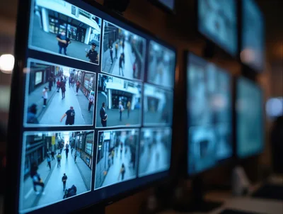 Security Surveillance Monitors Displaying Multiple City Street Views