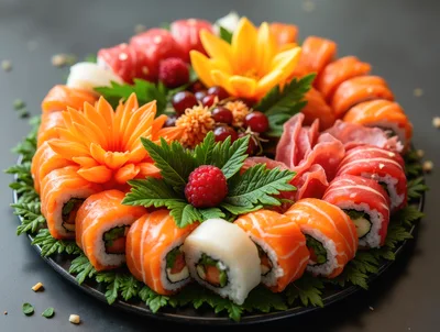 Gourmet Sushi Platter With Decorative Vegetable Flowers