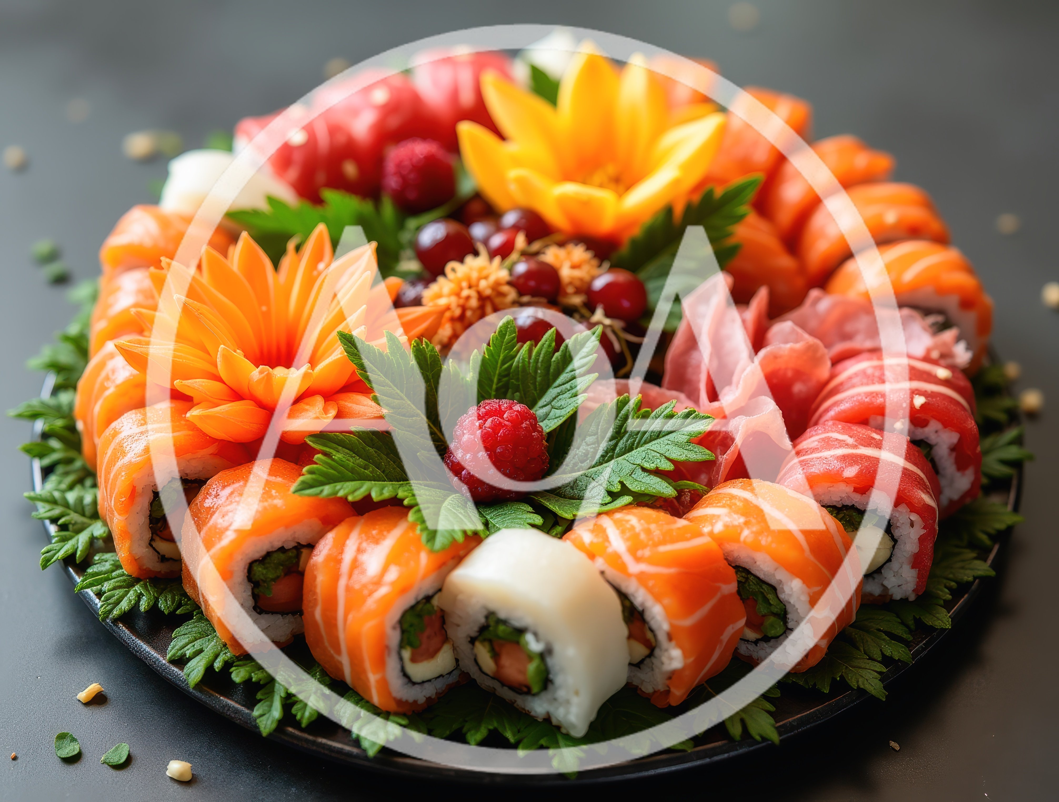 Gourmet Sushi Platter With Decorative Vegetable Flowers