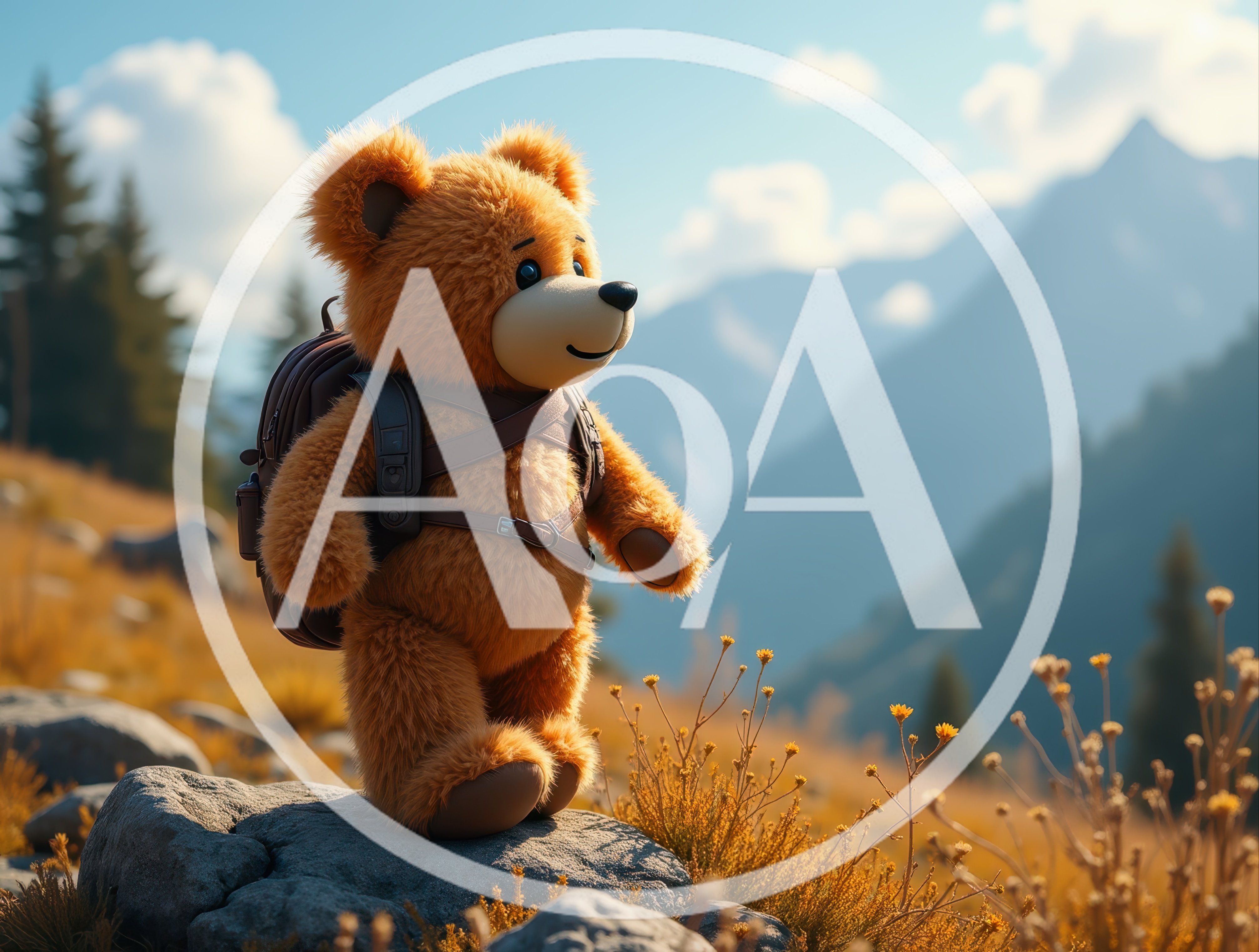 Cute Teddy Bear Hiking In The Mountains