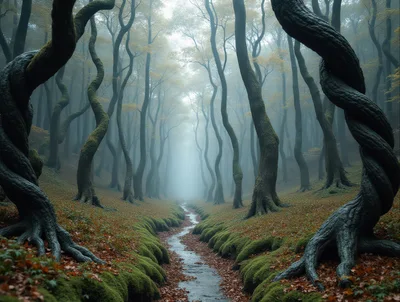 Misty Forest Path With Winding Trees And Stream