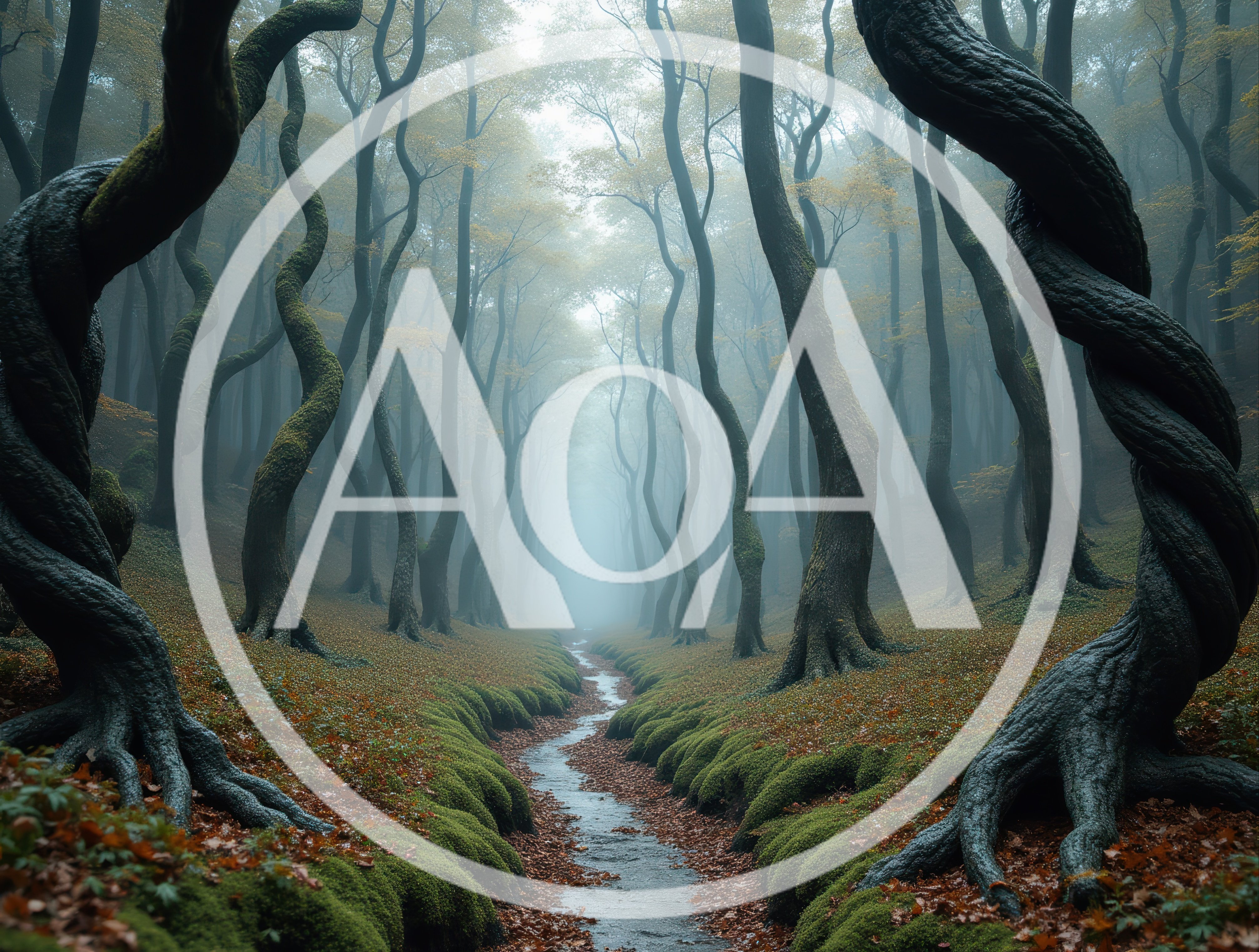 Misty Forest Path With Winding Trees And Stream