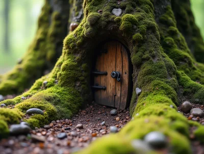 Miniature Wooden Fairy Door Embedded In Mossy Tree Trunk