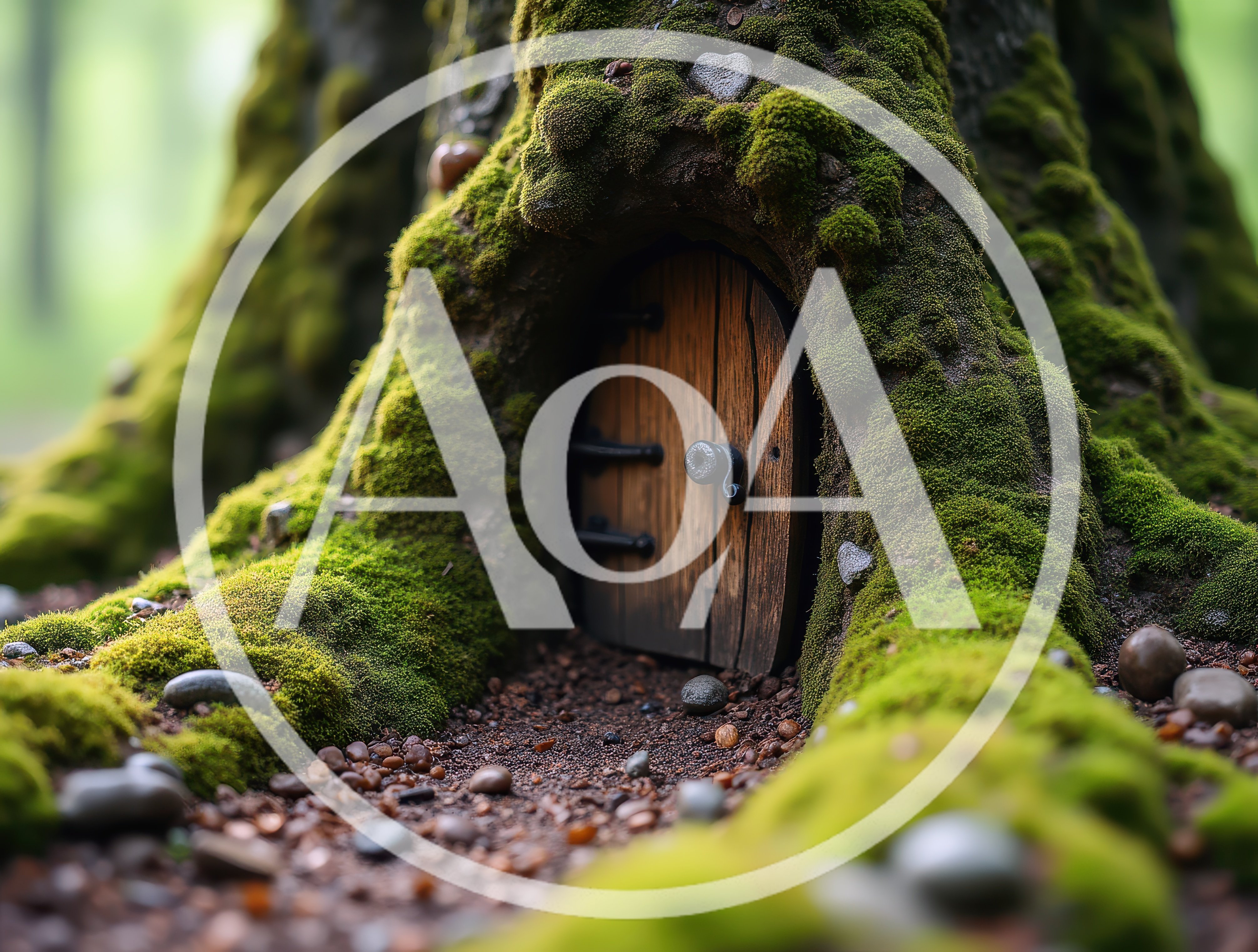 Miniature Wooden Fairy Door Embedded In Mossy Tree Trunk