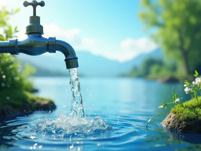 Water Flowing From A Metal Tap Into A Lake