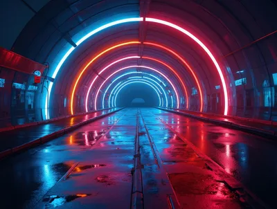 Futuristic Neon Tunnel With Reflective Wet Ground
