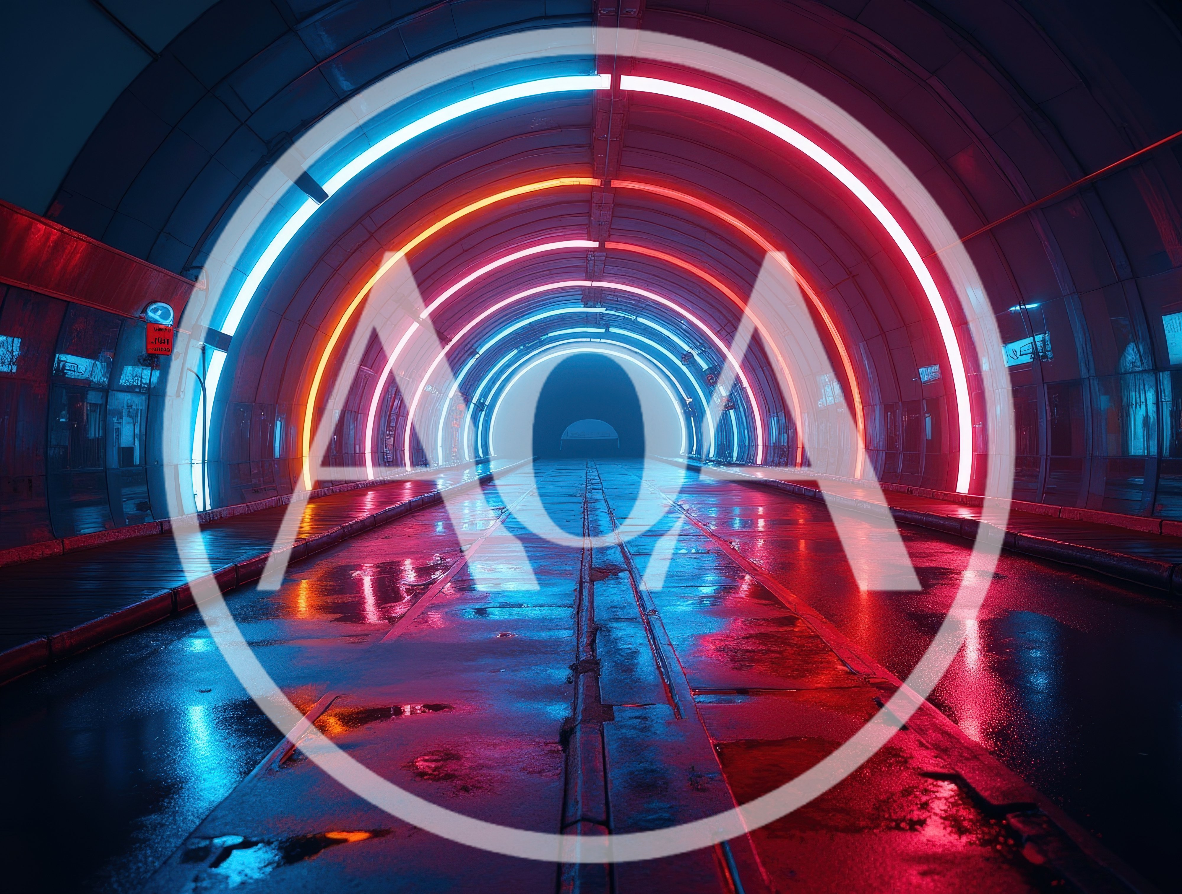 Futuristic Neon Tunnel With Reflective Wet Ground