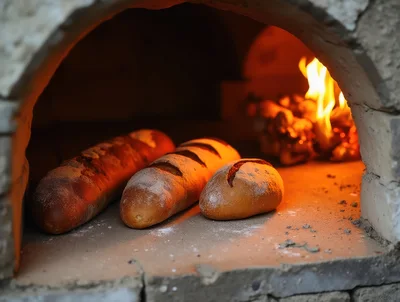 Fresh Bread Baking Inside A Traditional Wood Fired Oven