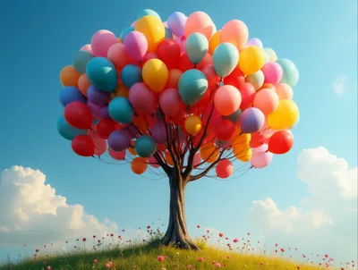 Surreal Tree Made Of Colorful Balloons In A Meadow