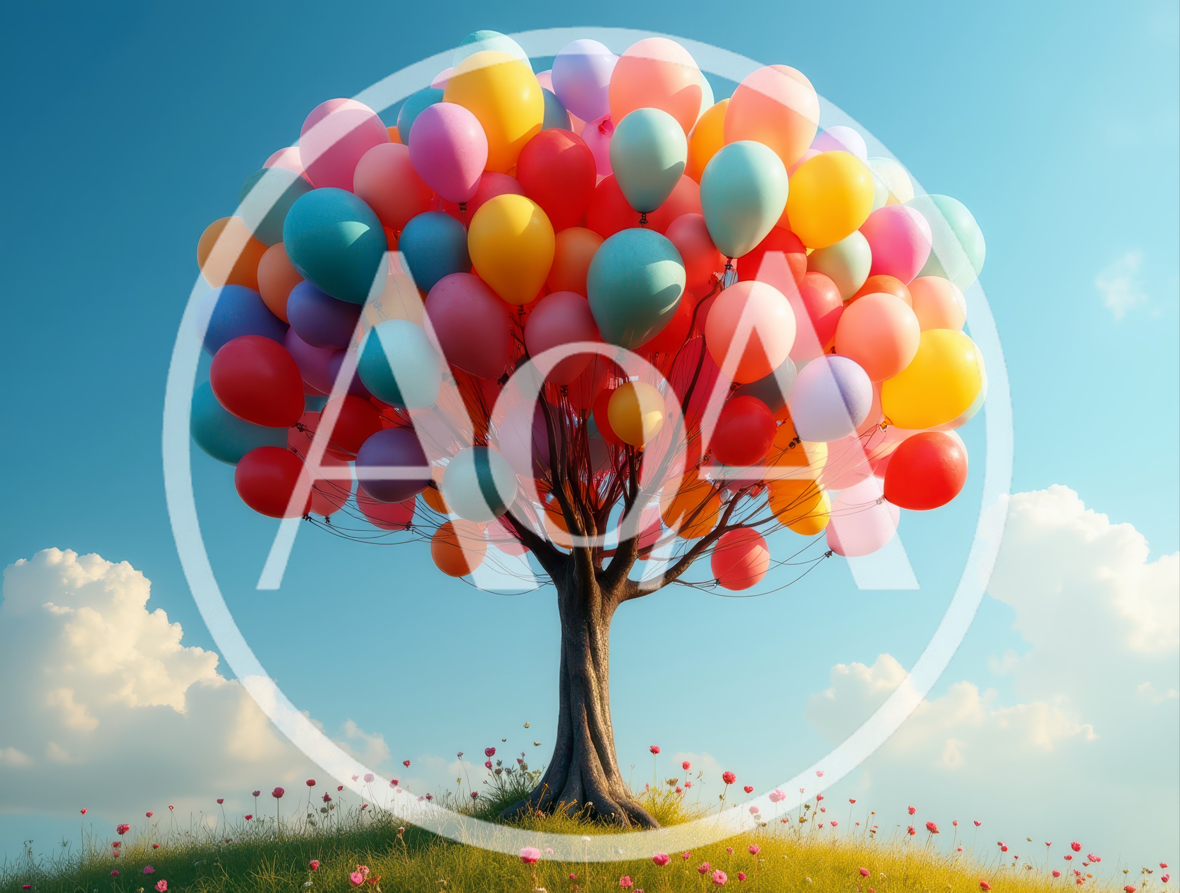 Surreal Tree Made Of Colorful Balloons In A Meadow