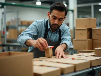 Warehouse Worker Packing Cardboard Boxes For Shipment
