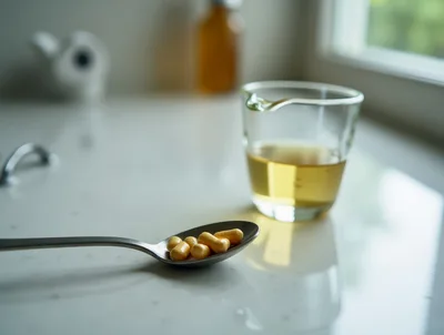 Yellow Capsules on a Spoon with Liquid Medicine