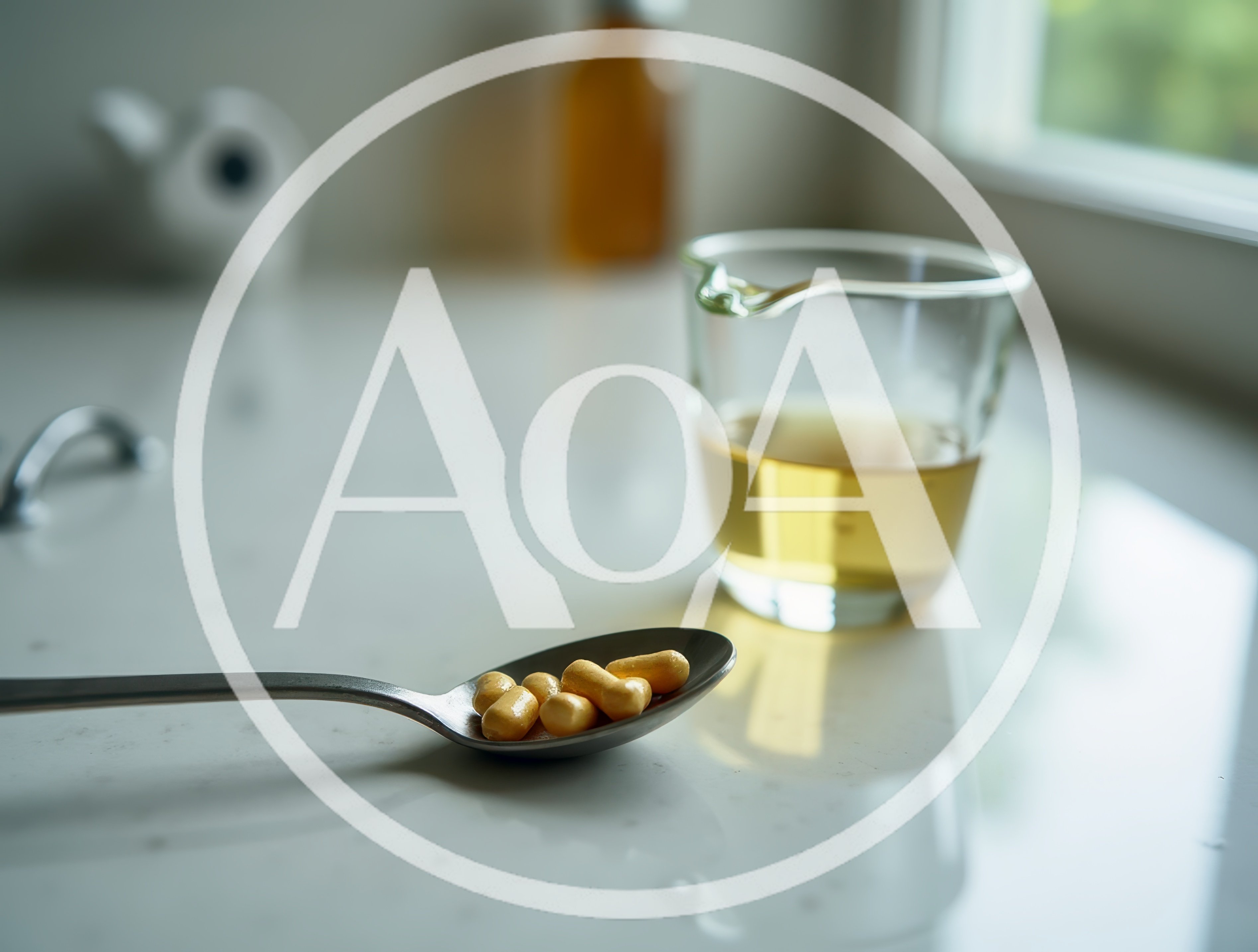 Yellow Capsules on a Spoon with Liquid Medicine