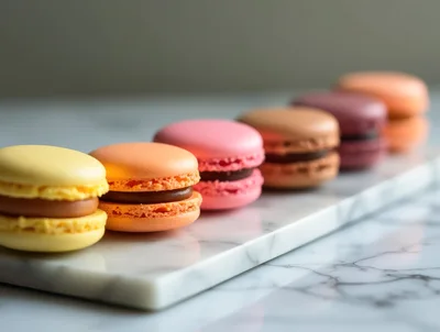 Colorful Macarons Arranged In A Row On Marble