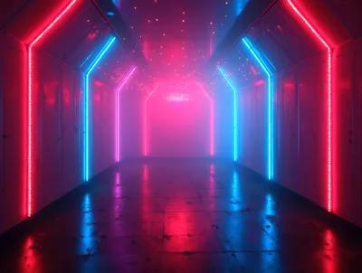Futuristic Neon Corridor With Glowing Pink And Blue Lights