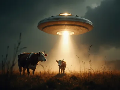 UFO Abducting Cows In A Dark Rural Field