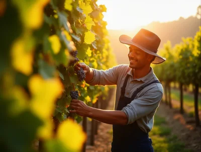 Young Farmer Harvesting Grapes in a Sunny Vineyard