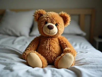 Brown Teddy Bear Sitting On A White Bed