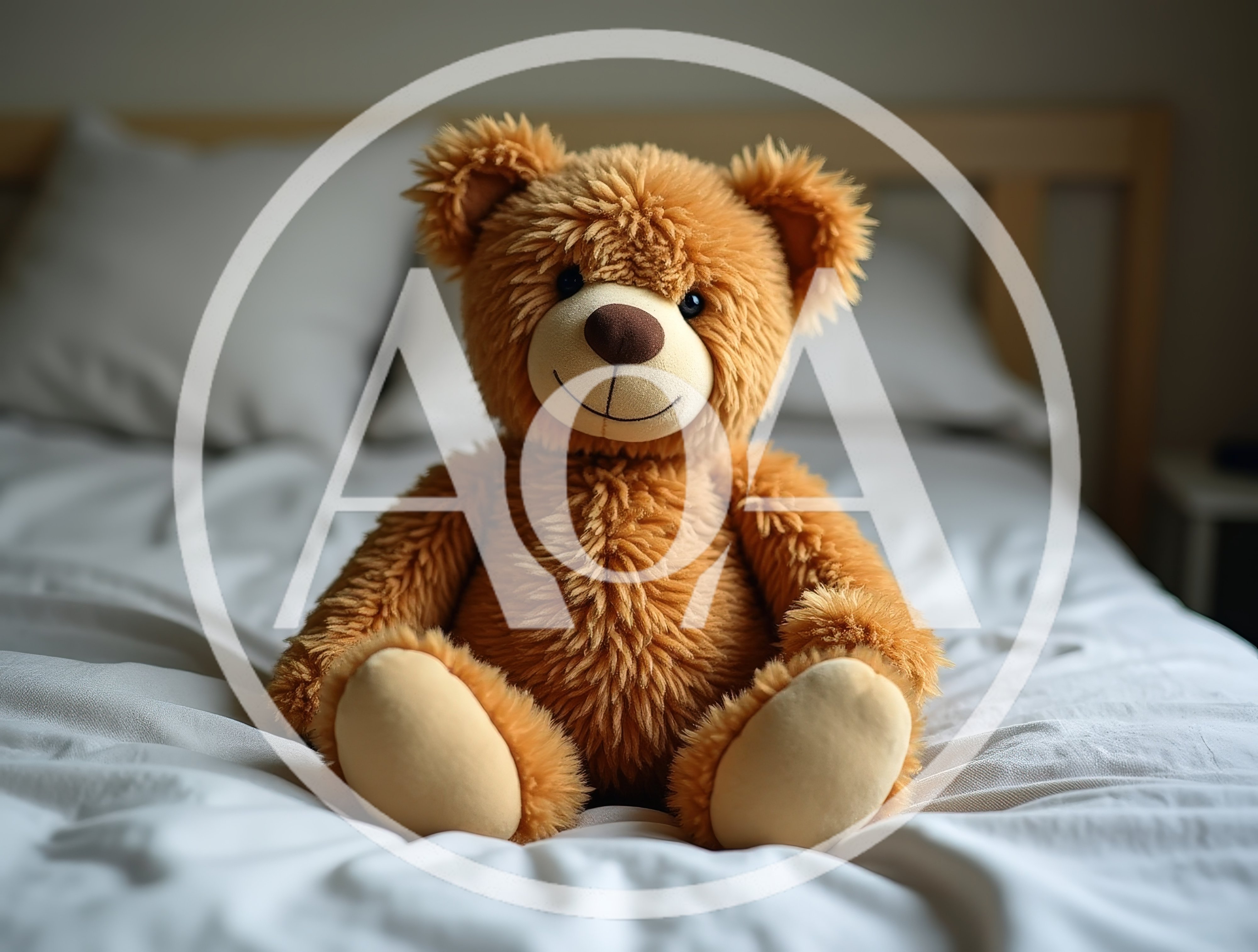 Brown Teddy Bear Sitting On A White Bed