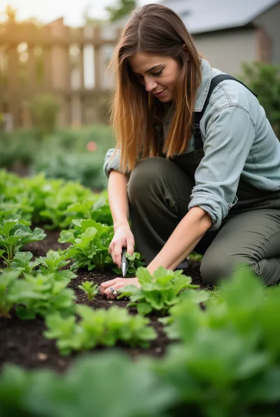 Young Woman Gardening In A Sunny Vegetable Patch