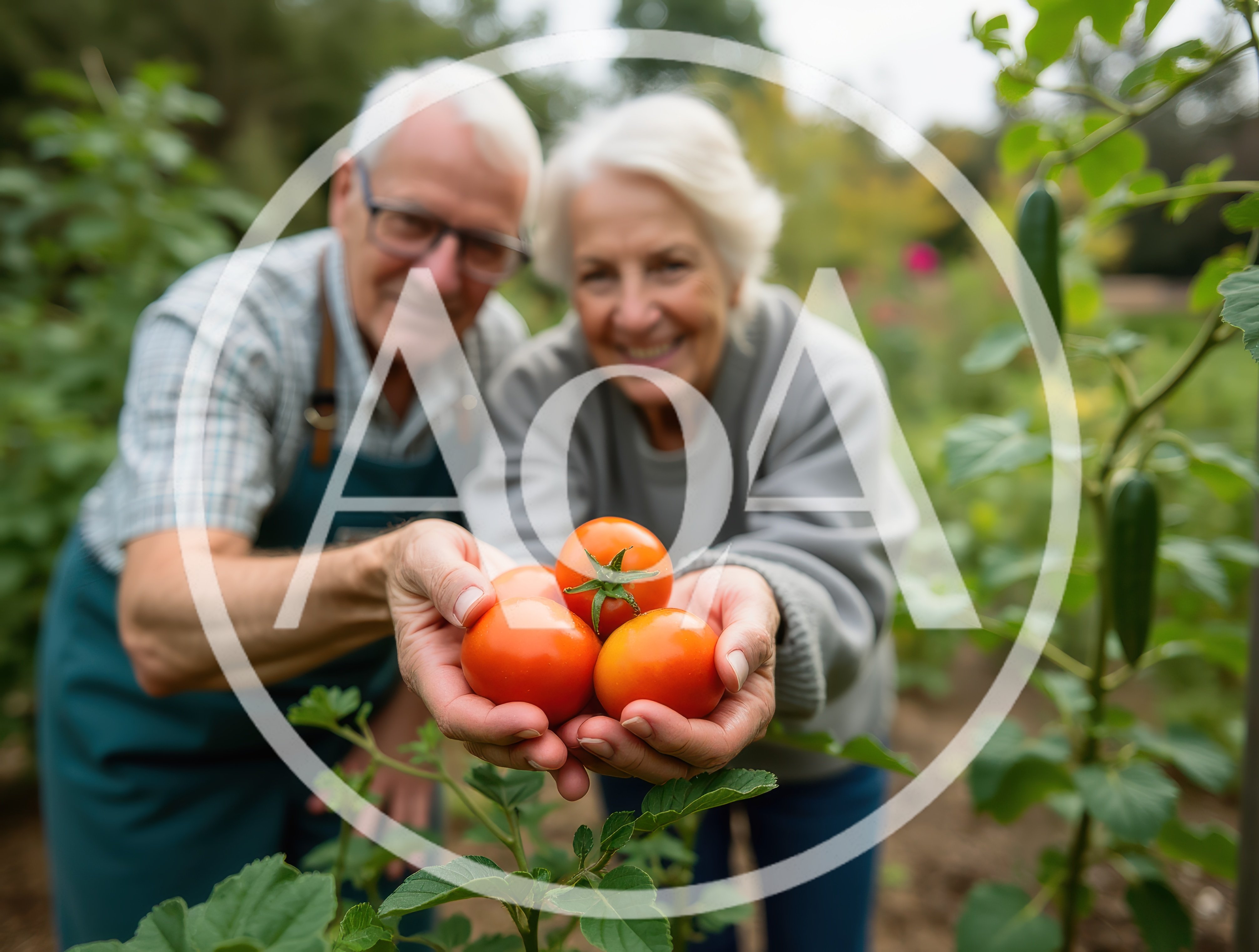 Senior Couple Holding Freshly Harvested Tomatoes In Garden
