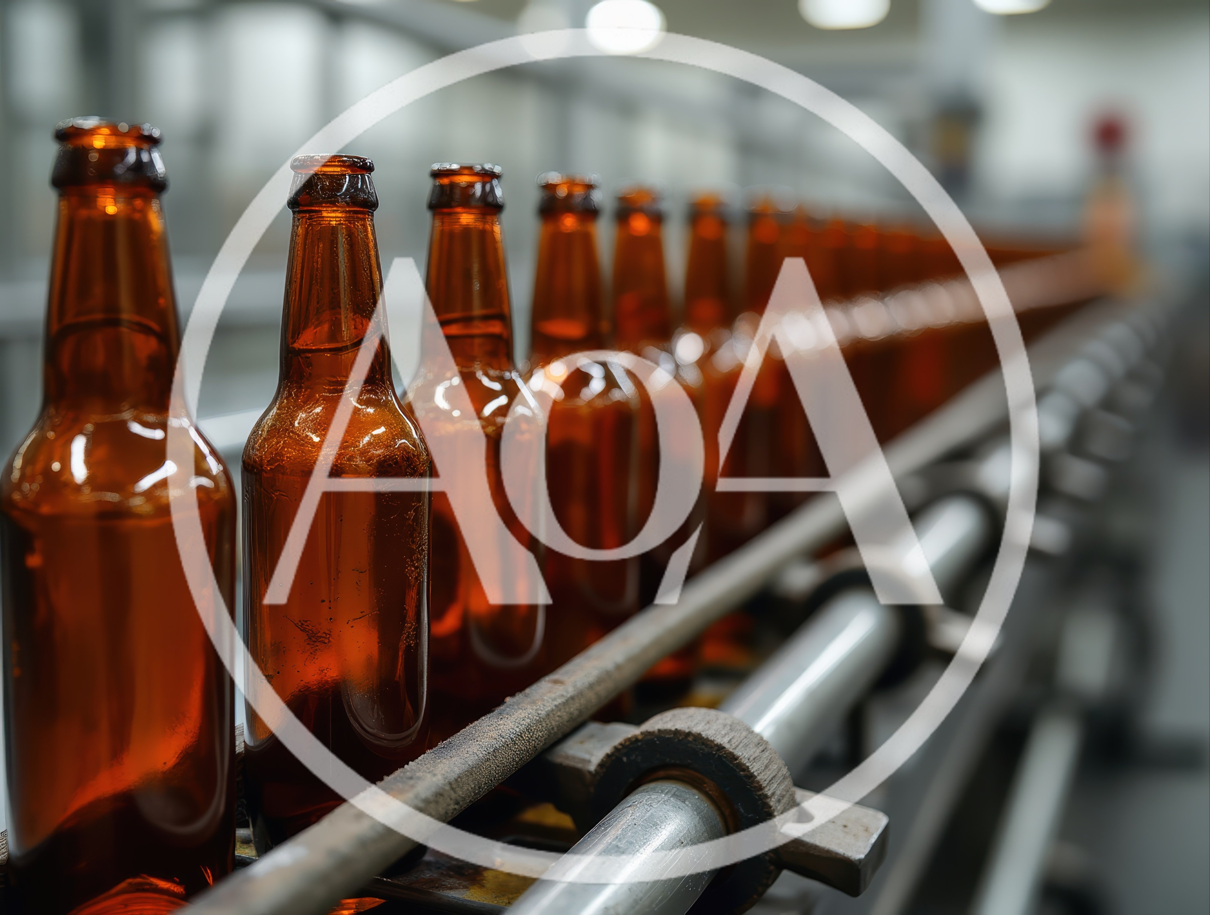 Empty Amber Glass Beer Bottles On Industrial Conveyor Belt