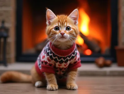 Ginger Kitten Wearing A Festive Patterned Sweater