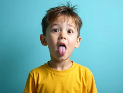 Young Boy Sticking Out Tongue Against Blue Background