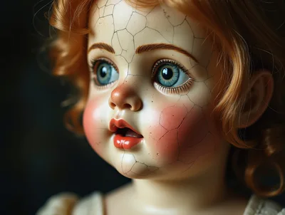 Close Up Portrait Of A Cracked Vintage Doll