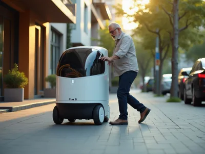 Senior Man Interacting With Autonomous Delivery Robot