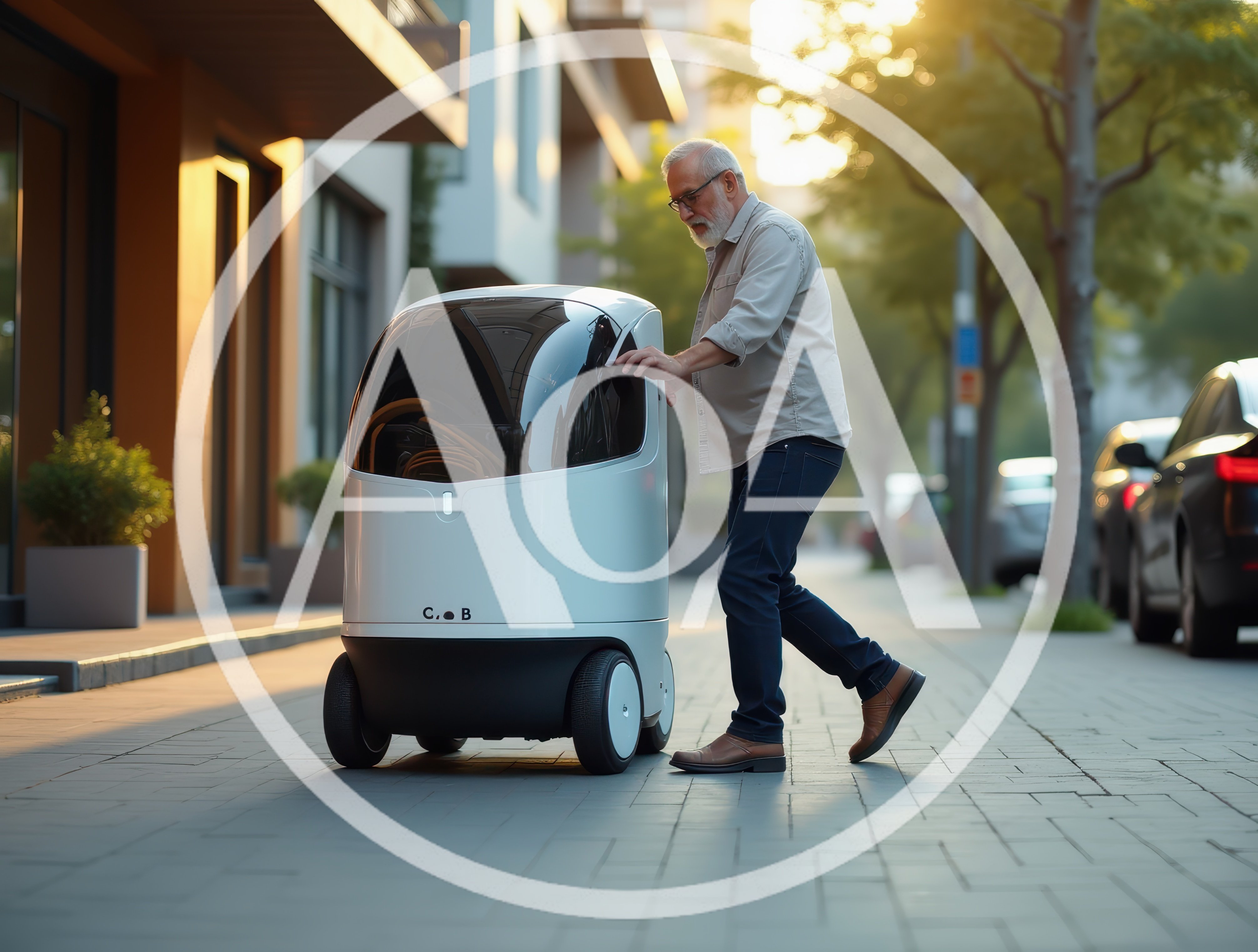 Senior Man Interacting With Autonomous Delivery Robot