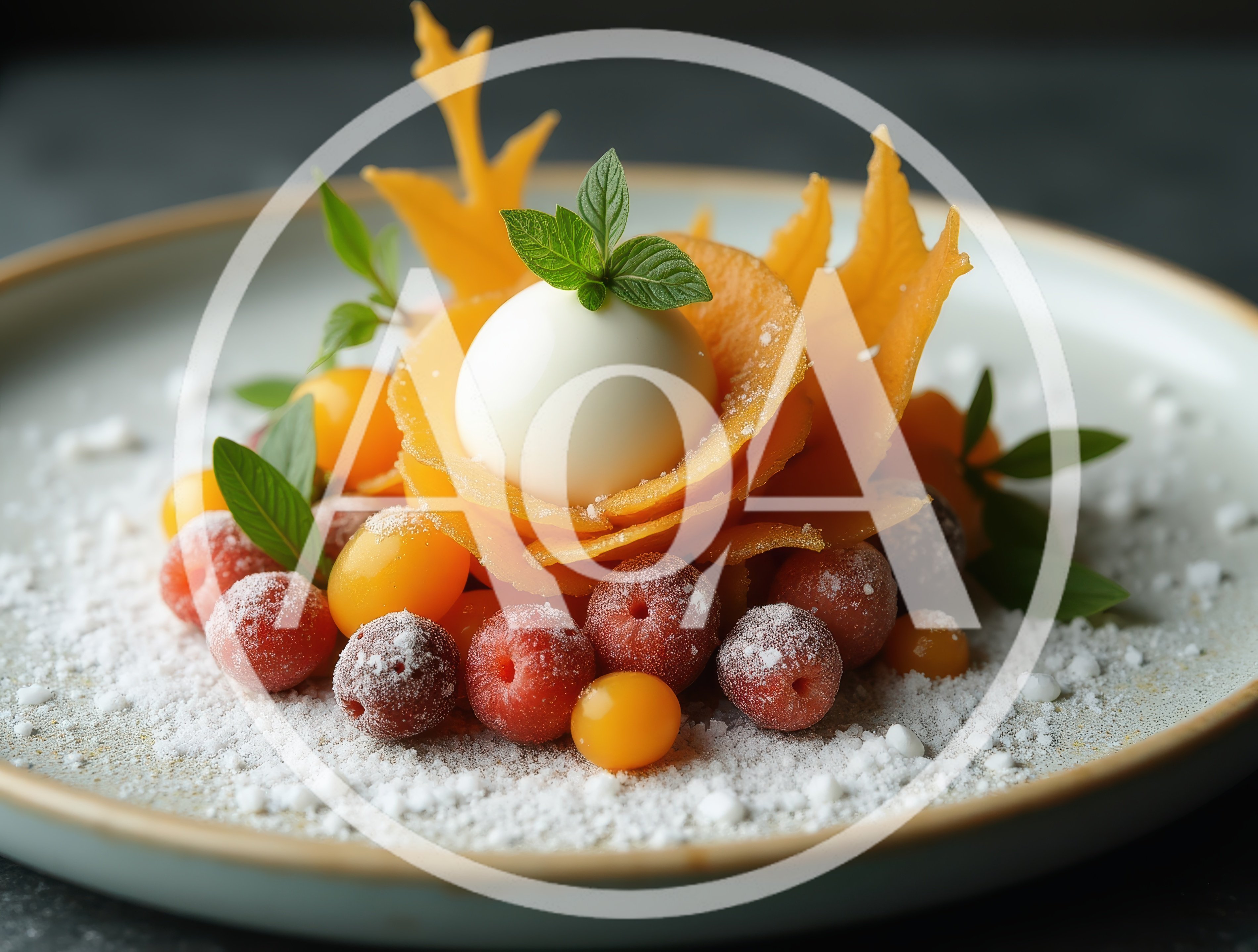 Gourmet Dessert Plated With Fruit And Mint