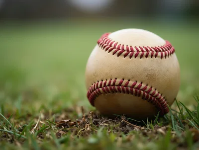 Worn Baseball Resting On Grass Field