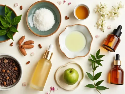Natural Skincare Ingredients and Essential Oils Flat Lay