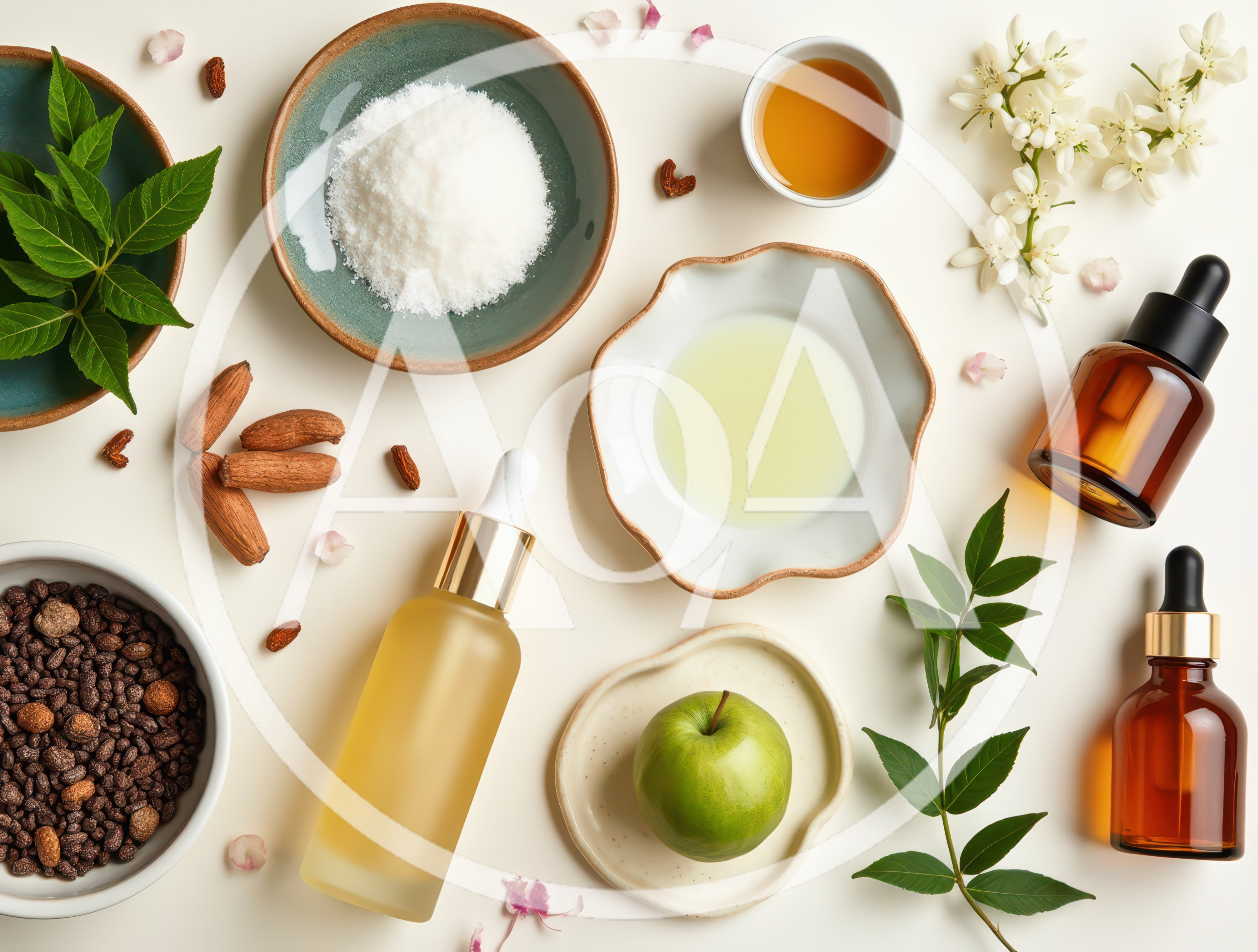 Natural Skincare Ingredients and Essential Oils Flat Lay