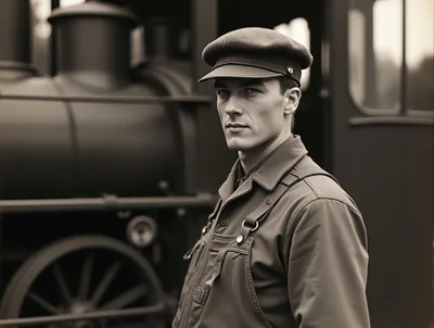 Portrait Of A Young Train Conductor In Vintage Uniform